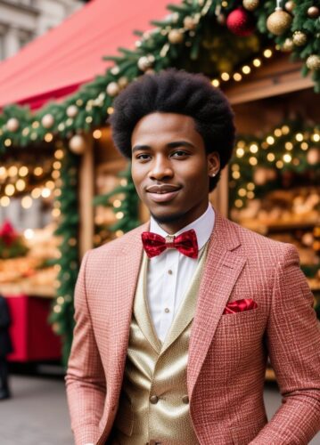 Young handsome Black man with stylish afro in holiday-themed suit