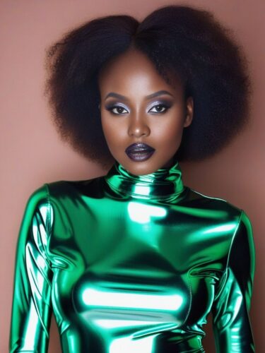 Half Portrait of a Young East African Woman in a Metallic Green Latex Suit
