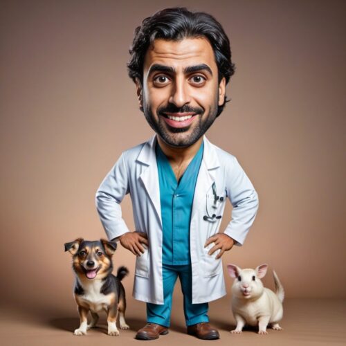 Full Body Caricature of a Young Middle-Eastern Veterinarian