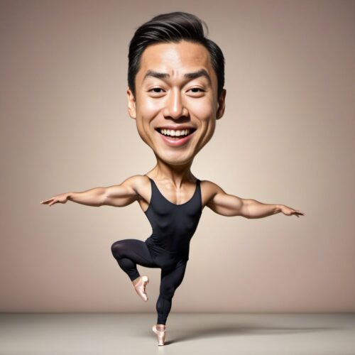 Funny Caricature of a Young Asian Man as a Ballet Dancer
