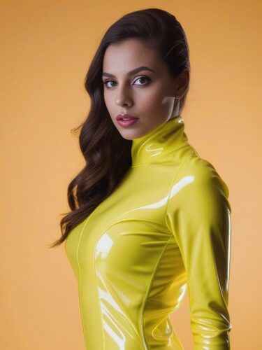Cute and Sexy Young Woman in Neon Yellow Latex Suit