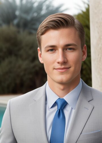 Young White consultant in a light grey suit and blue shirt