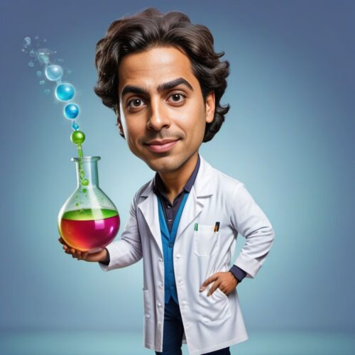 Full Body Caricature of a Young Hispanic Scientist Mixing Potions