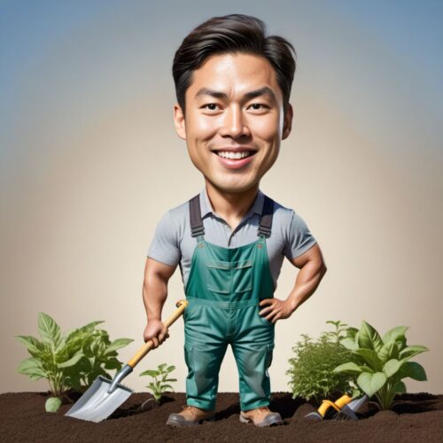 Caricature of a Young Asian Man as a Gardener