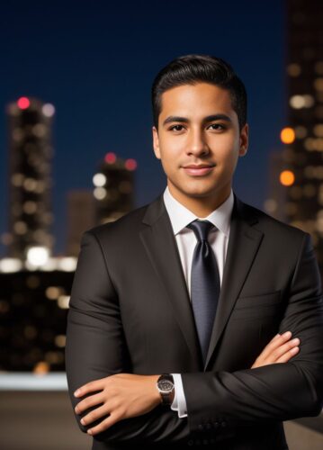 Hispanic Young Executive in a Sleek Black Suit