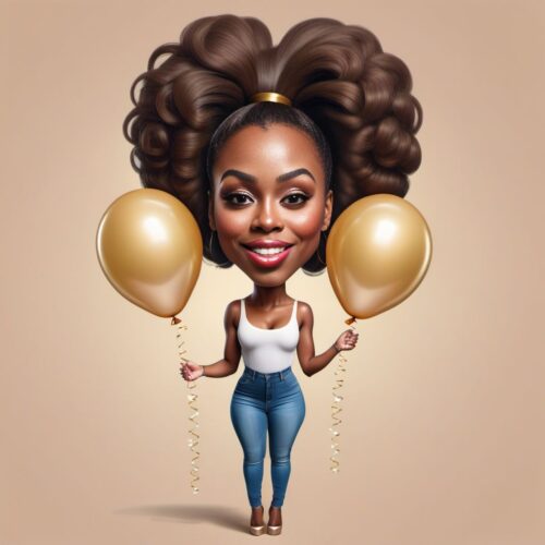 Young beautiful Black woman caricature with balloons