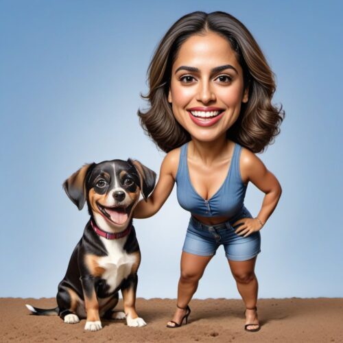 Funny full body caricature of a young beautiful Hispanic woman playing with a cute puppy