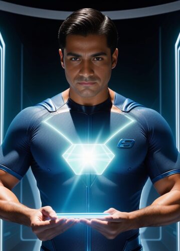 Hispanic SuperHero Man creating holograms