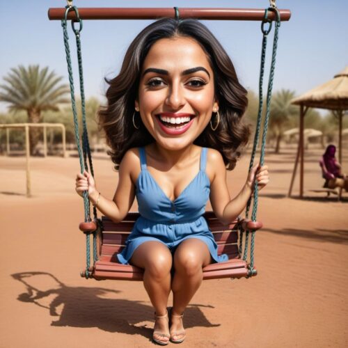 Caricature of a Young Middle-Eastern Woman Laughing in a Swing