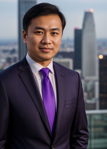 Asian Investment Banker in Dark Suit and Purple Tie