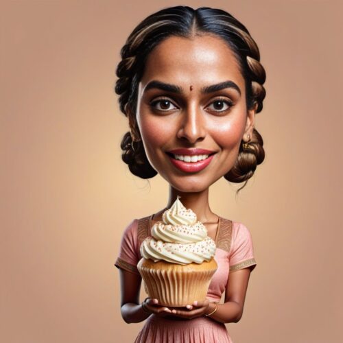 Young Beautiful South Asian Woman Caricature Holding Giant Cupcake