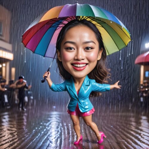 Caricature of a Young Beautiful Asian Woman Dancing in the Rain