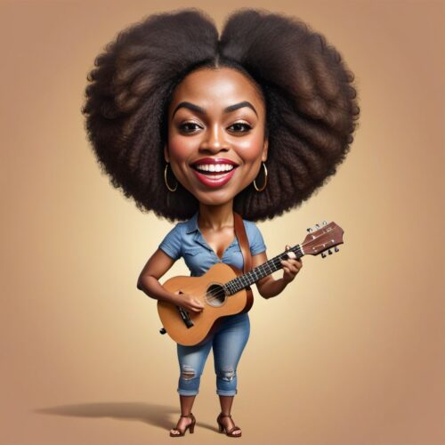 Funny Caricature of a Young Black Woman Playing Ukulele