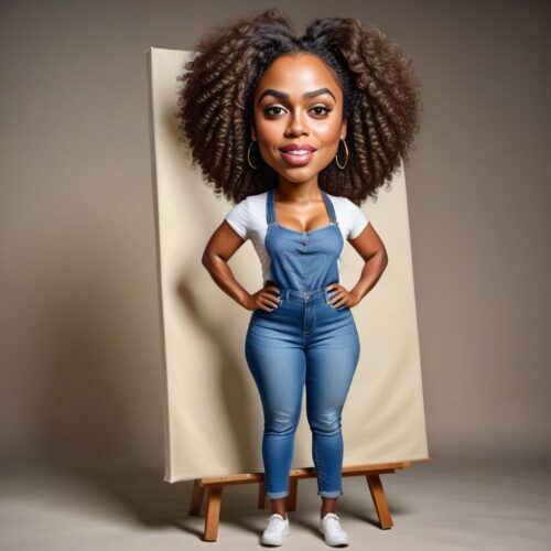 Young beautiful Black woman caricature painting on a large canvas