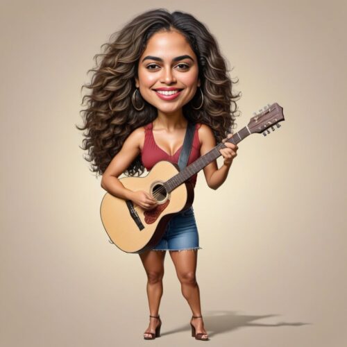 Funny Caricature of a Young Hispanic Woman with Wavy Hair Strumming a Guitar