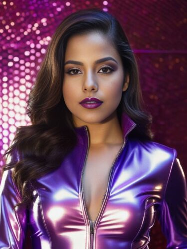 Young Hispanic Woman in Shimmering Purple Latex Suit