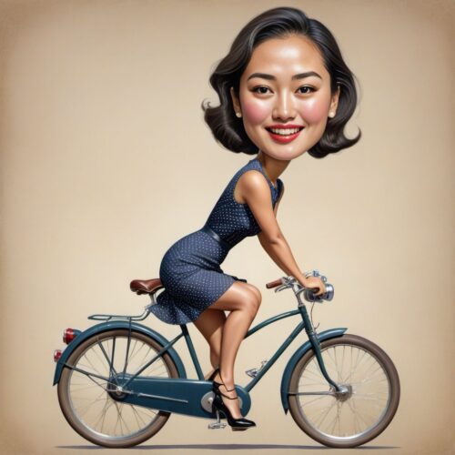 Caricature of a Young Beautiful Asian Woman Riding a Vintage Bike