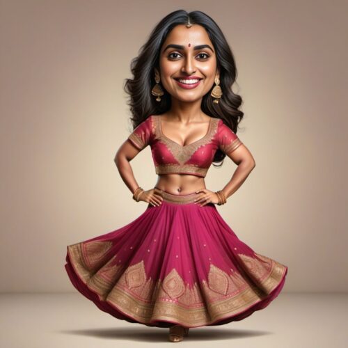 Funny full body caricature of a young beautiful South Asian woman in a lehenga, spinning with joy
