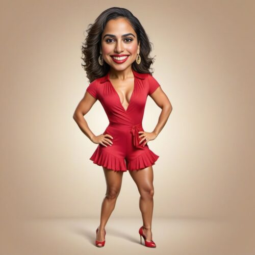 Funny Caricature of a Young Hispanic Woman in Salsa Outfit