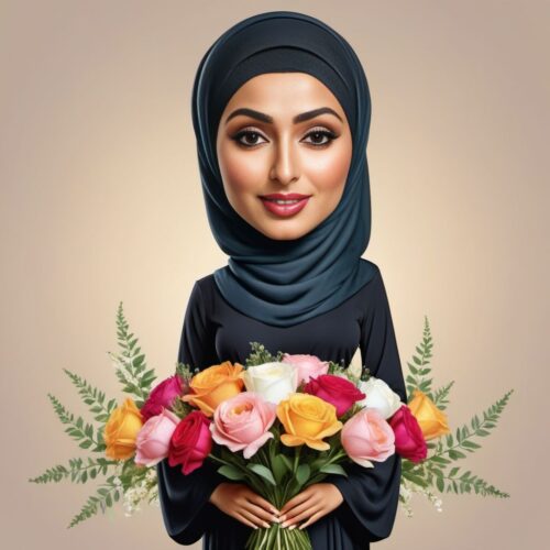 Caricature of a Young Middle-Eastern Woman Arranging Flowers