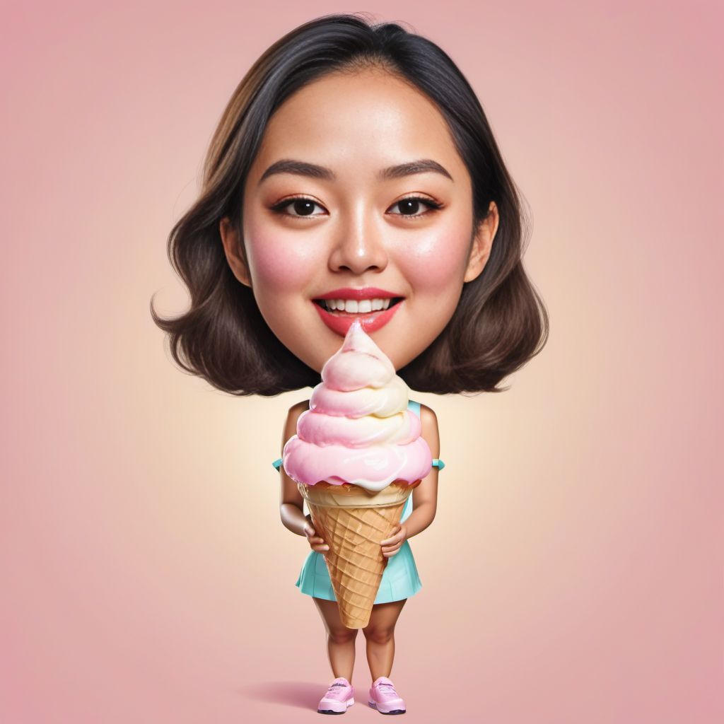 Caricature of a Young Beautiful Asian Woman Holding a Giant Ice Cream