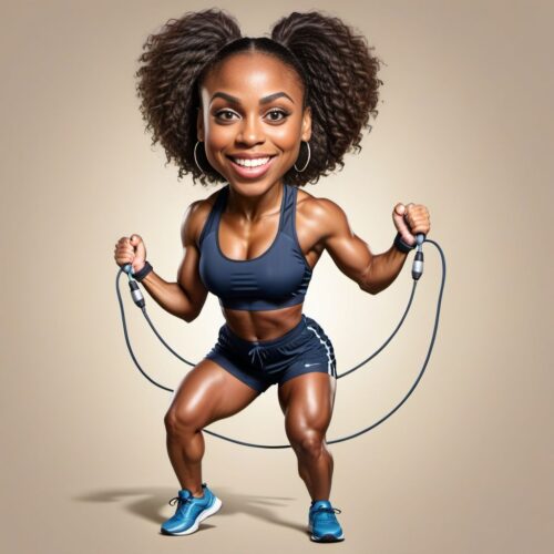 Funny full body caricature of a young beautiful Black woman in athletic gear, jumping rope