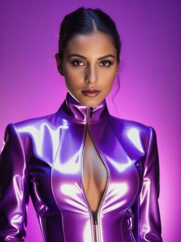 Half Portrait of a Young Mediterranean Woman in a Lavender Latex Suit