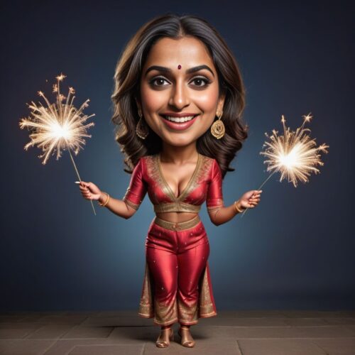 Funny full body caricature of a young beautiful South Asian woman in a festive outfit, playing with sparklers
