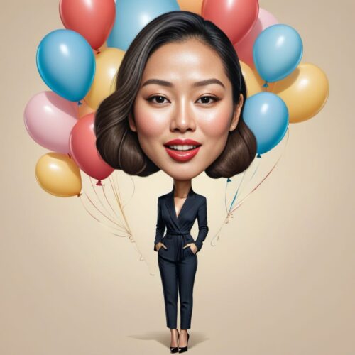 Caricature of a Young Beautiful Asian Woman with Balloons