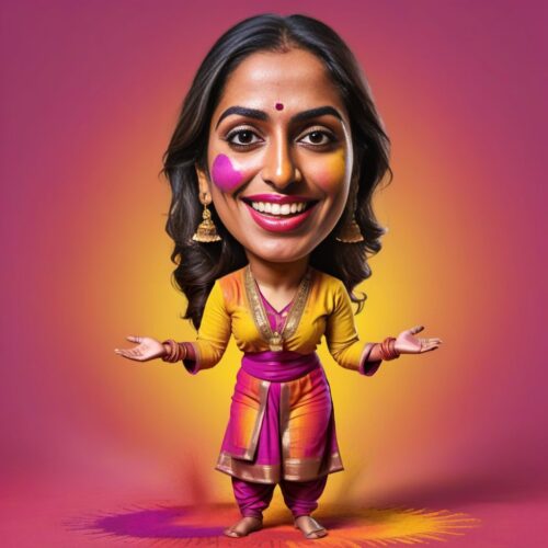 Funny Caricature of a South Asian Woman Playing Holi