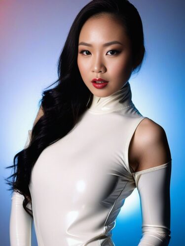 Sexy young East Asian woman in a white latex suit