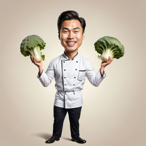 Caricature of a Young Asian Chef Juggling Oversized Vegetables