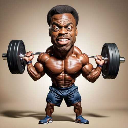 Young Fit Black Man Caricature Lifting Weights