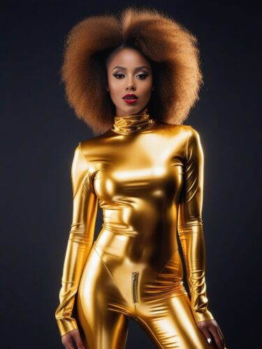 Sexy young Afro-European woman in a gold latex suit