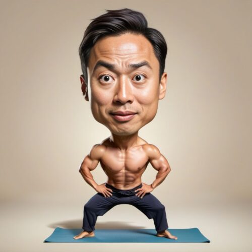 Funny Caricature of a Young Asian Yoga Instructor