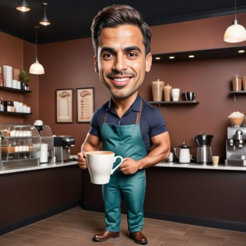 Full Body Caricature of a Young Hispanic Barista