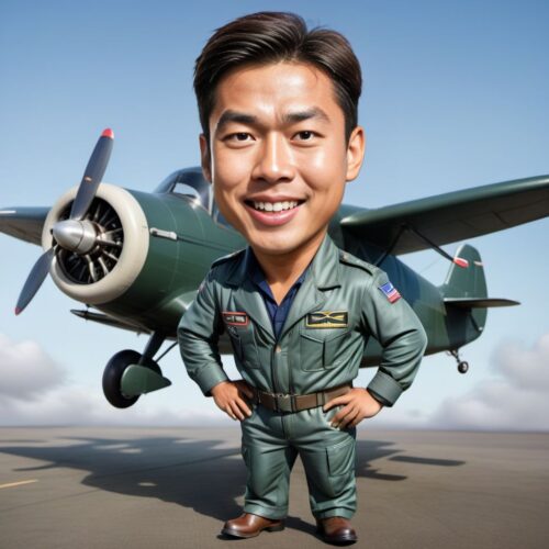 Caricature of a Young Asian Pilot Flying a Small Plane