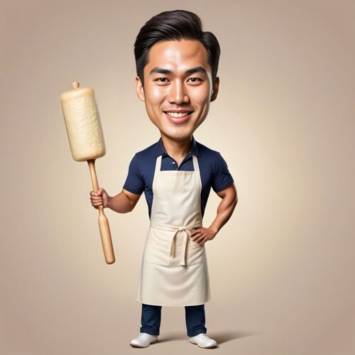 Young Asian Man Caricature as Baker with Rolling Pin