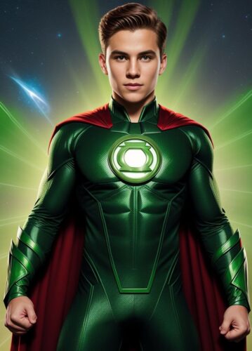 Front-facing full body shot of a young superhero man channeling Green Lantern