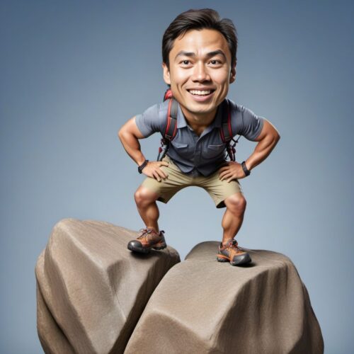 Full Body Caricature of a Young Asian Man Rock Climbing