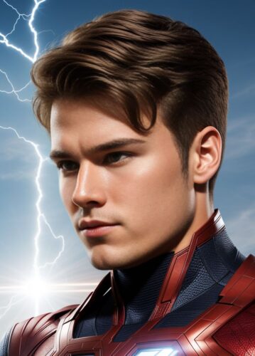 Front-facing shot of a young man superhero with the powers of Vision