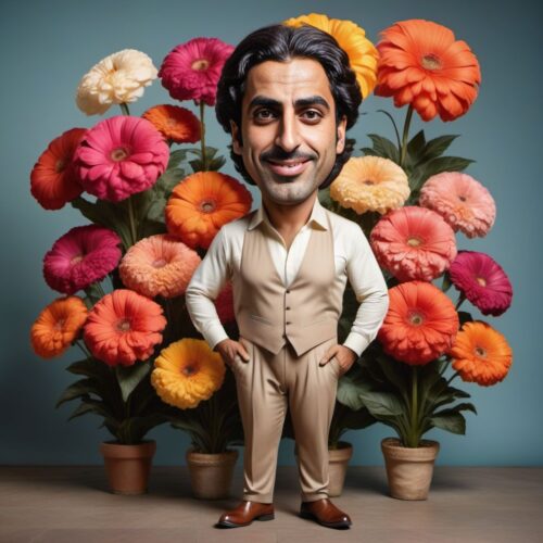 Young Middle-Eastern Man Caricature as Florist with Gigantic Flowers