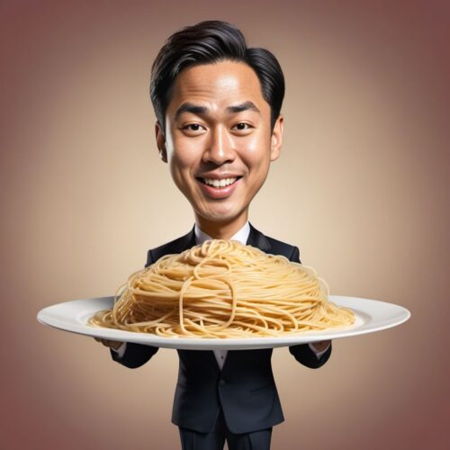 Caricature of a Young Asian Waiter Serving Spaghetti
