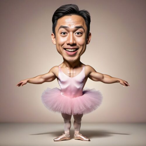 Funny Caricature of a Young Asian Man as a Ballet Dancer