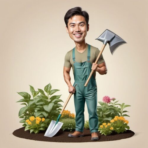 Caricature of a Young Asian Gardener