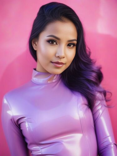 Half Portrait of a Young Central Asian Woman in a Lavender Latex Suit
