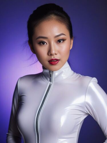 Cute Young East Asian Woman in White Latex Suit