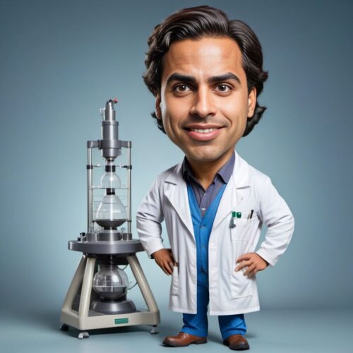 Young Hispanic Scientist Caricature with Oversized Lab Equipment