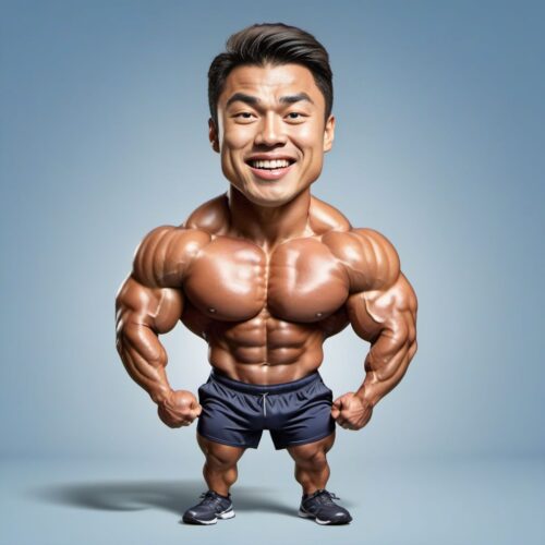 Funny Caricature of a Young Handsome Asian Man as a Bodybuilder
