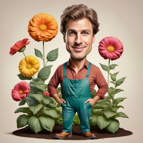 Young handsome Caucasian man caricature as a gardener